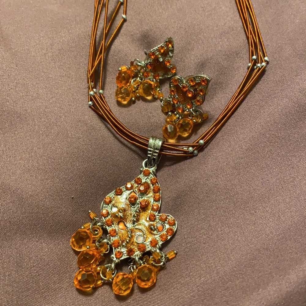 Orange and silver necklace and earrings set